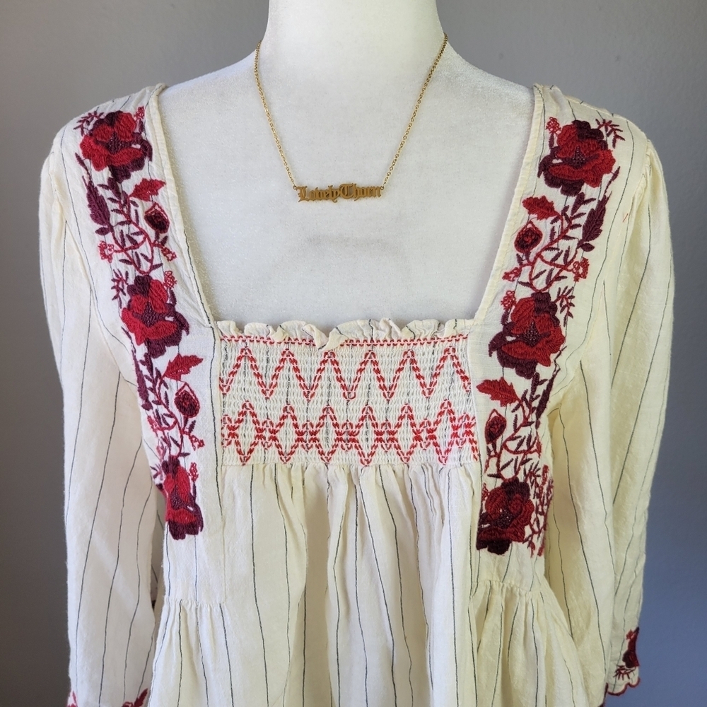 ZARA // boho-chic floral embroidered square neckline smocked cottagecore top - Picture 3 of 7
